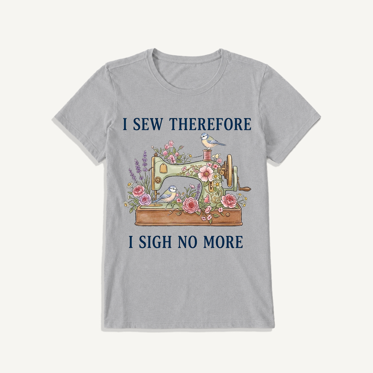 Floral Bird Sewing Serenity Print Crew Neck Cotton Tee