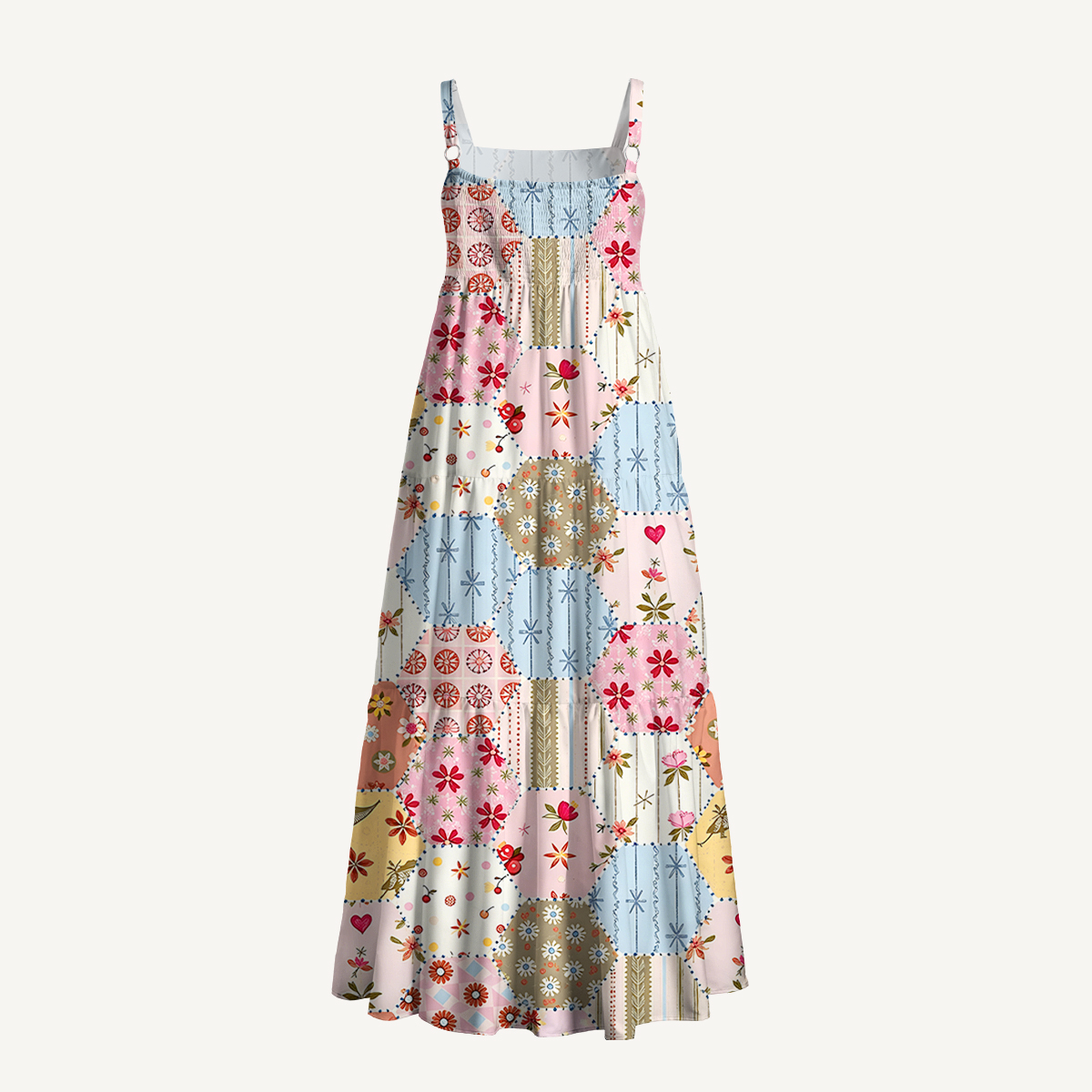 Retro Hexagon Patchwor Print Wide Straps Maxi Dress With Pockets