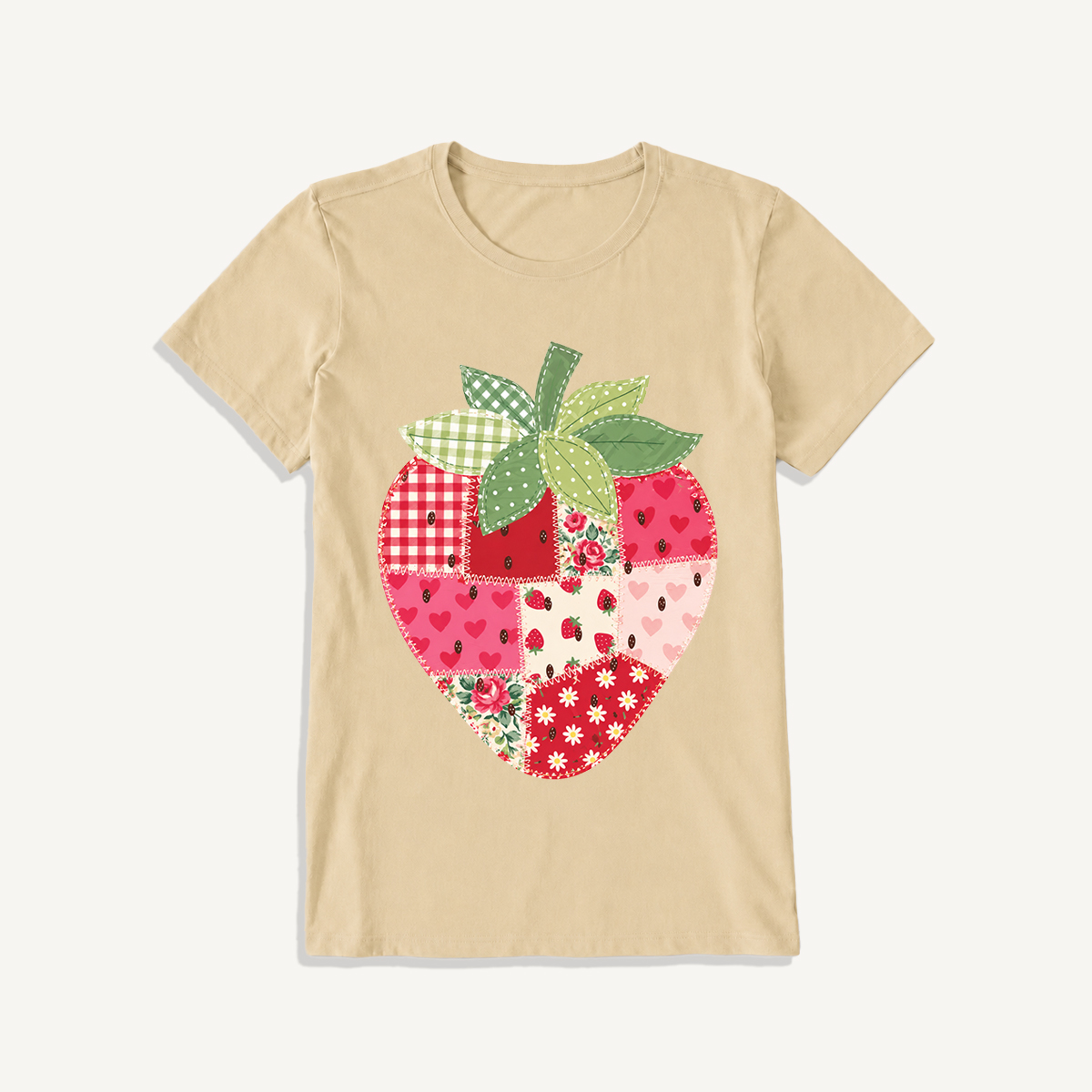 Folk Patchwork Strawberry Print Crew Neck Cotton Tee