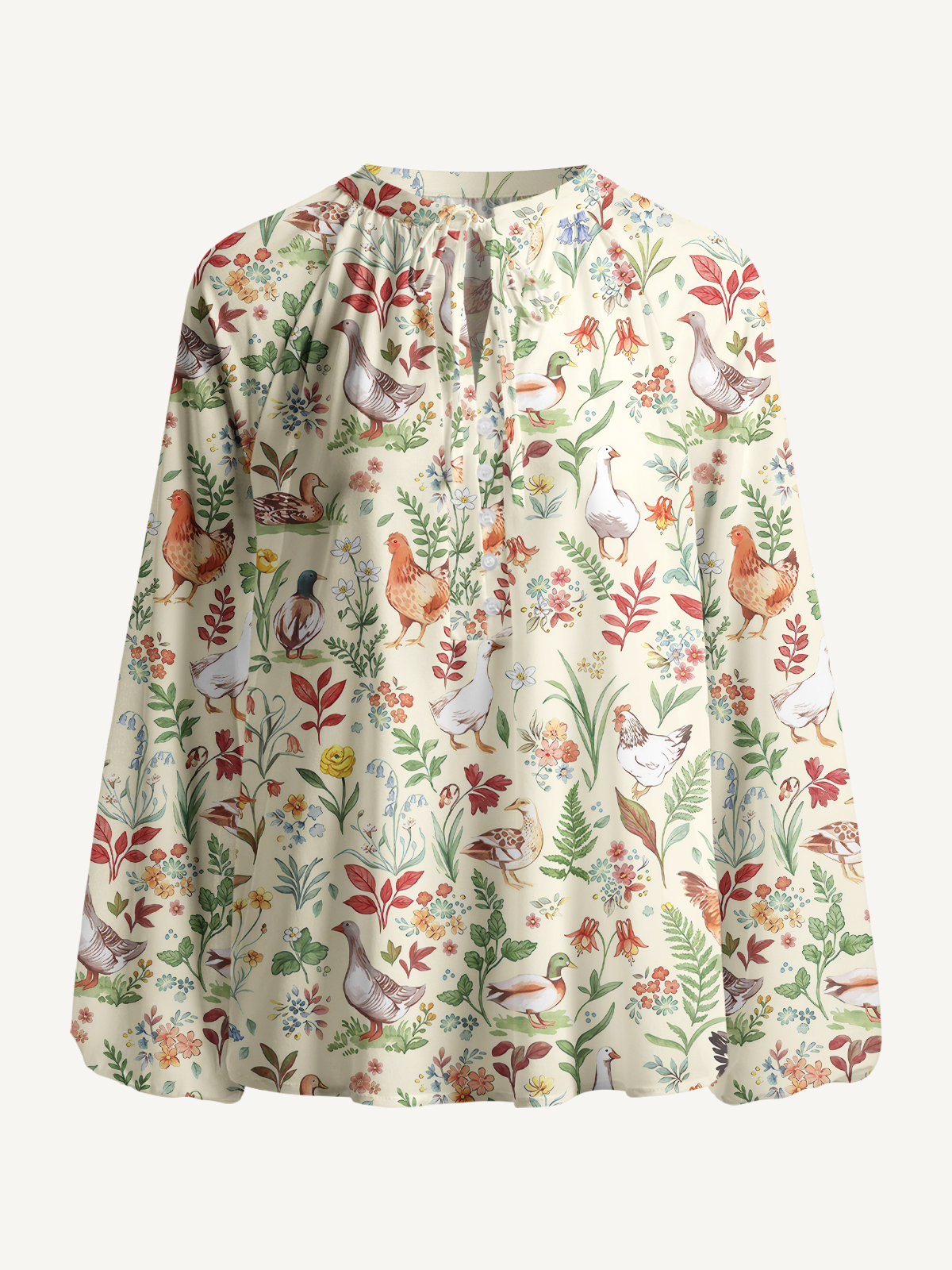 Countryside Garden Critter Print Boho Long Sleeve Tie‑Neck Blouse