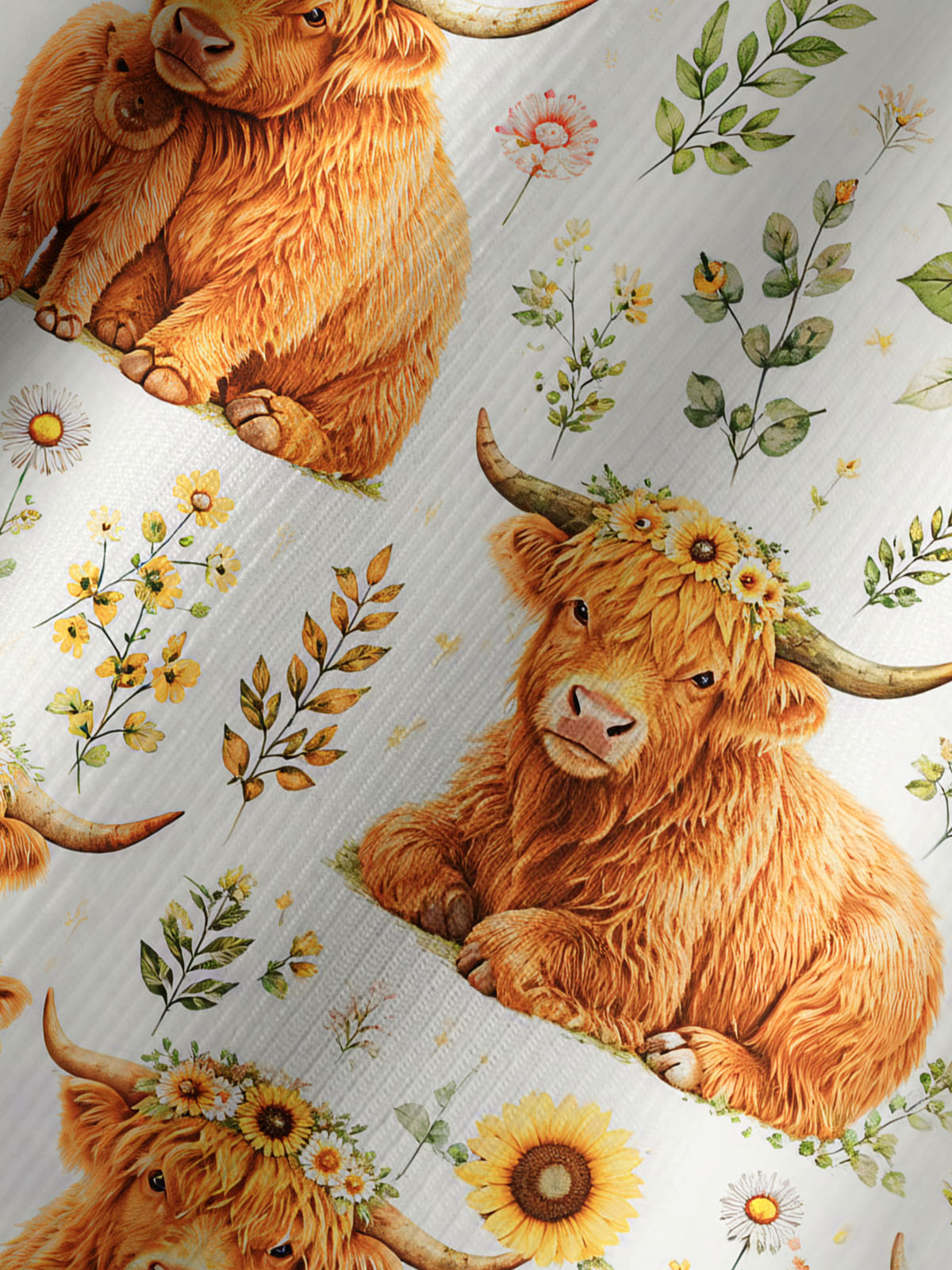 Spring Highland Cow Floral Print Boho Long Sleeve Tie‑Neck Blouse