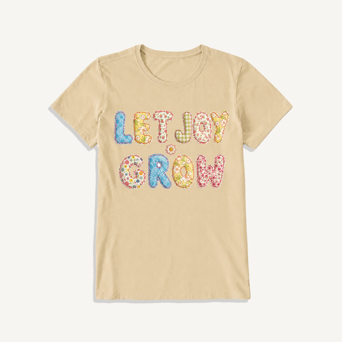 Let Joy Grow Patchwork Print Crew Neck Cotton Tee