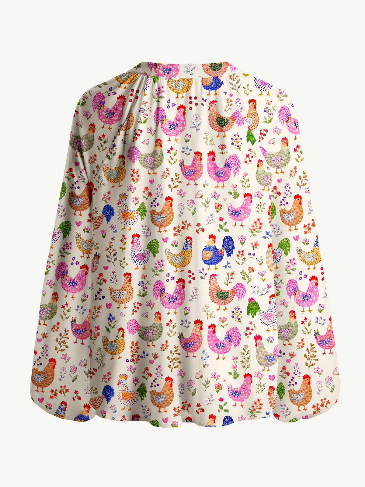 Colorful Farm Chickens Print Boho Long Sleeve Tie‑Neck Blouse