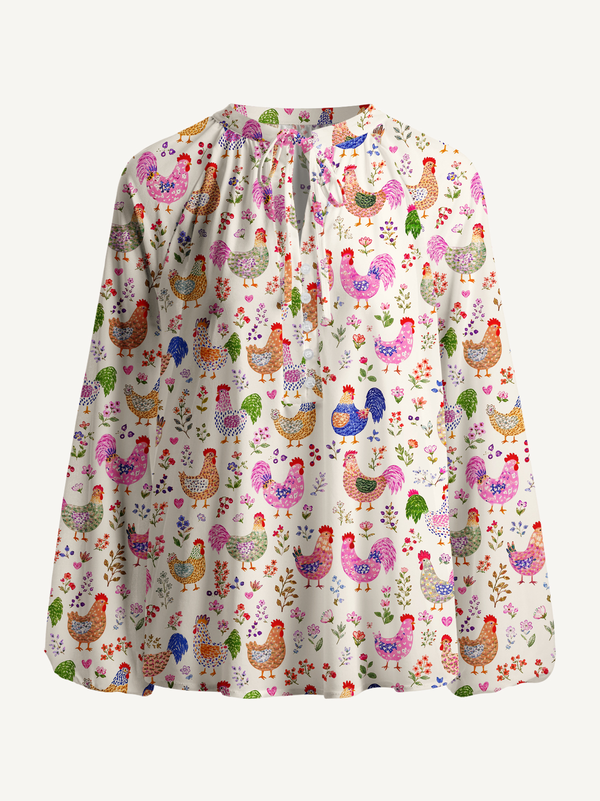 Colorful Farm Chickens Print Boho Long Sleeve Tie‑Neck Blouse