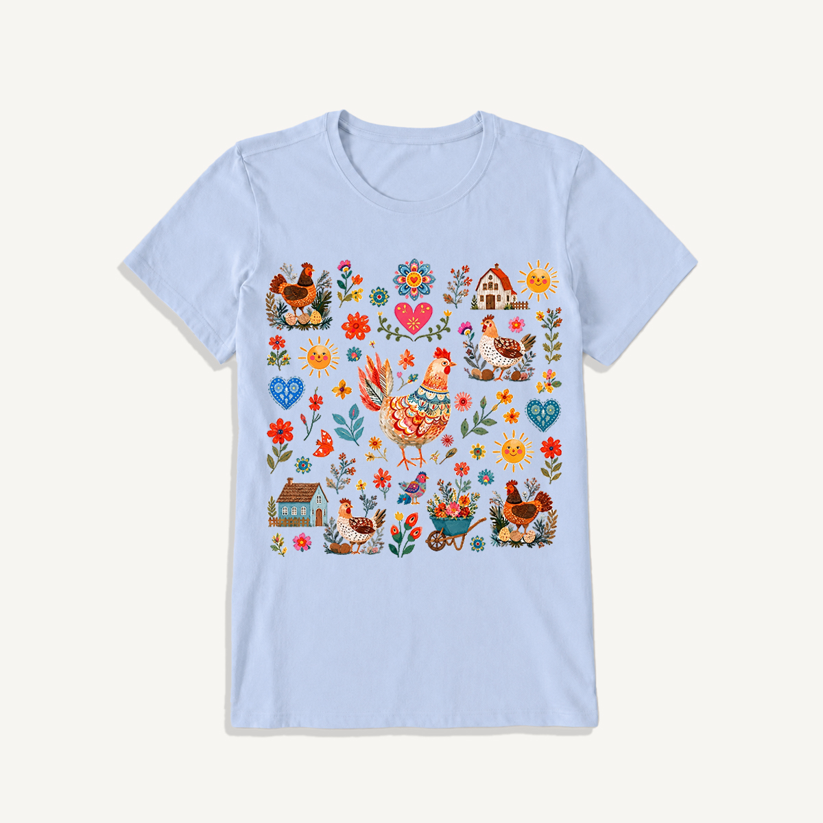 Vintage Farmhouse Chicken Floral Print Crew Neck Cotton Tee