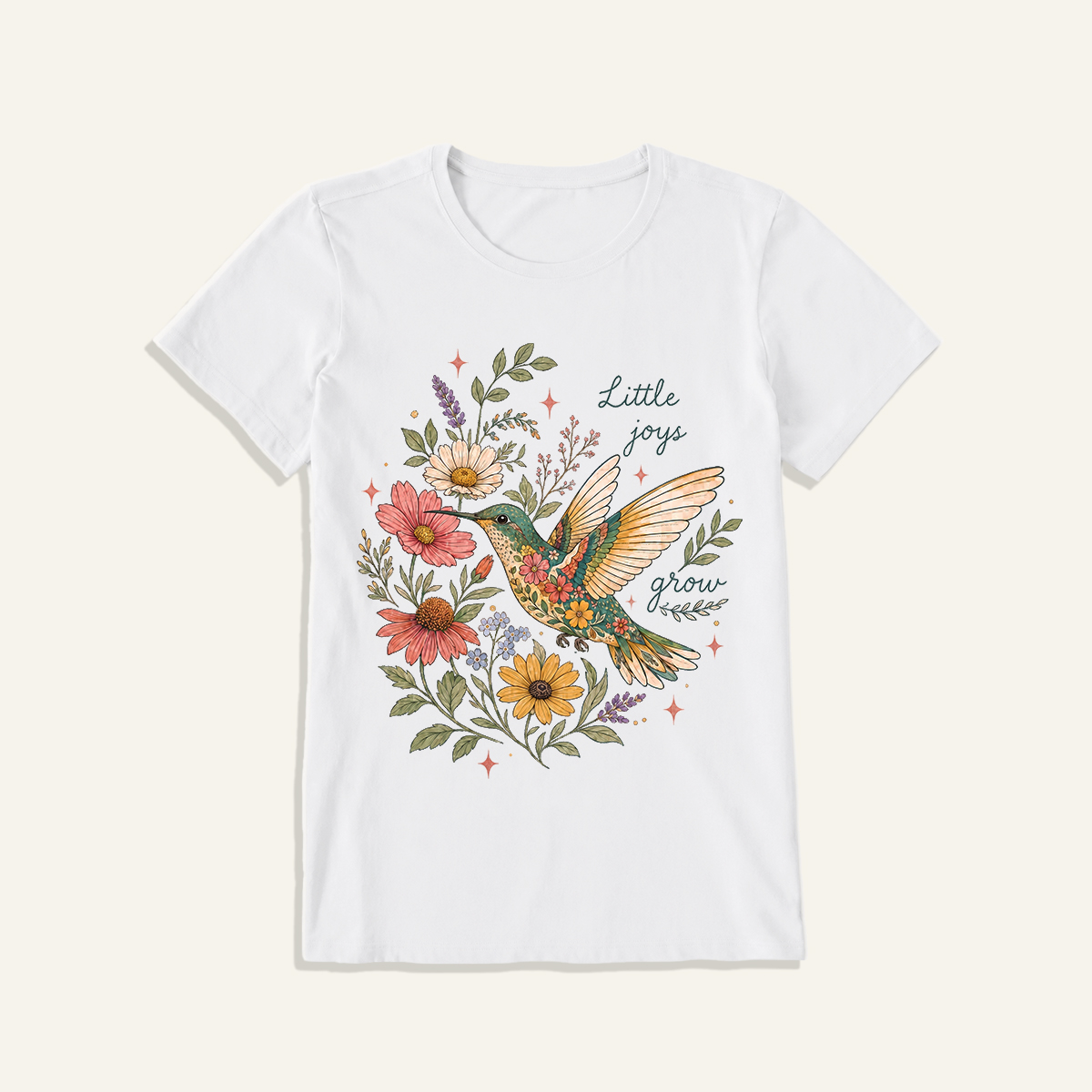 Floral Hummingbird Garden Print Crew Neck Cotton Tee