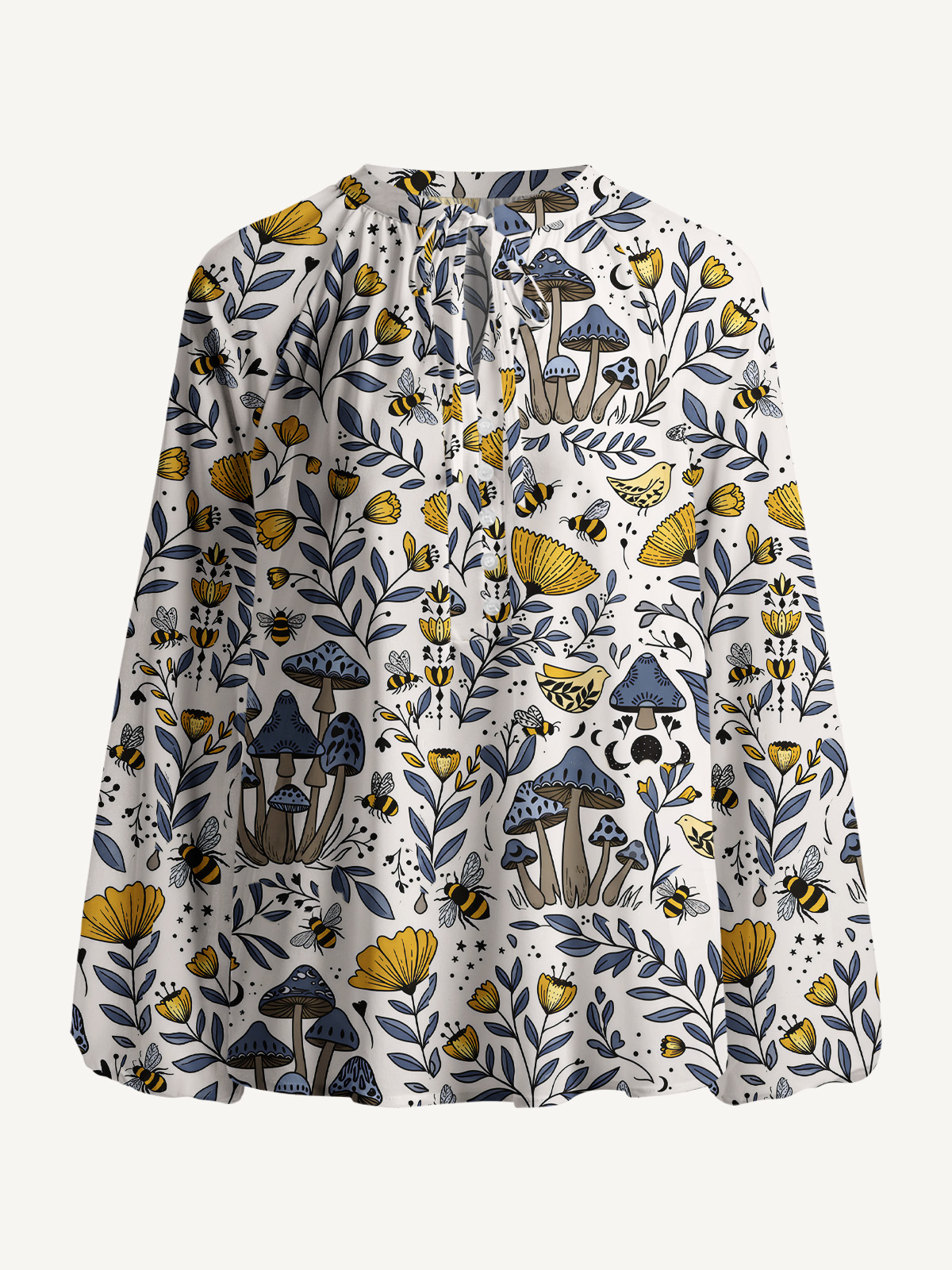 Bee Whisper Forest Print Boho Long Sleeve Tie‑Neck Blouse