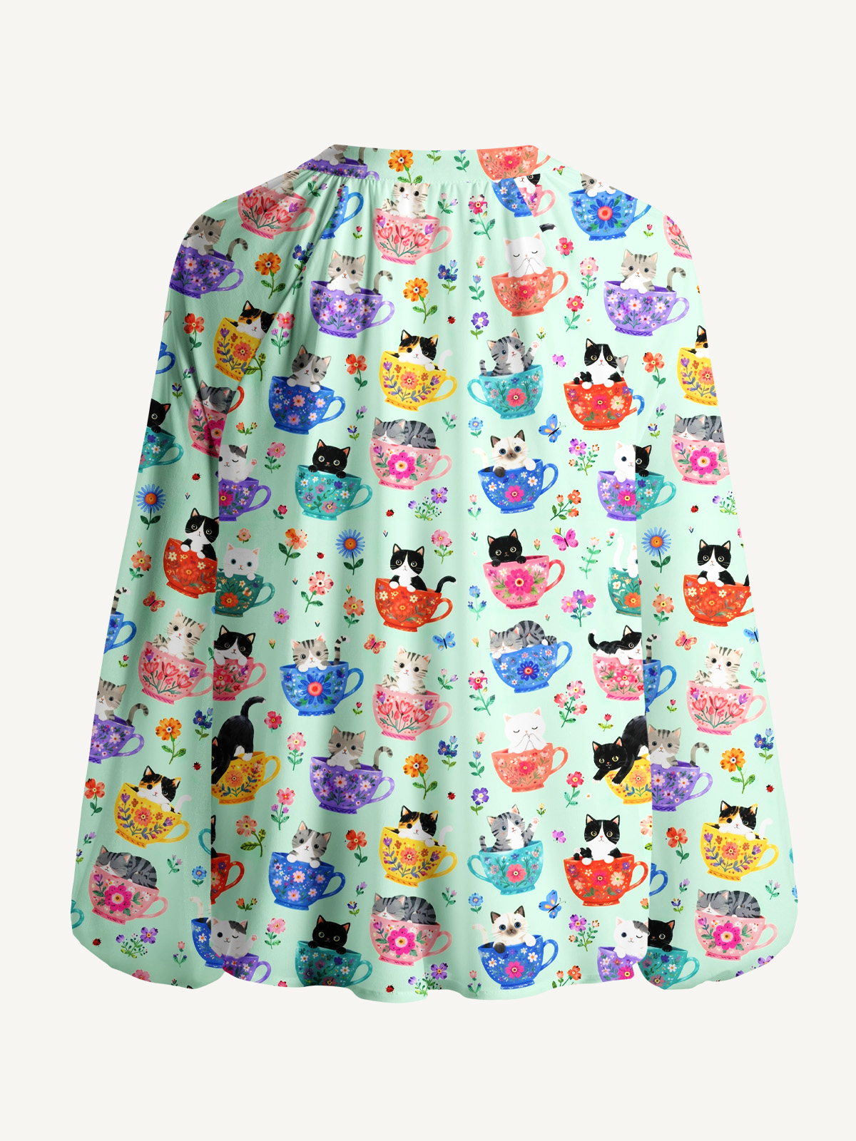 Cute Teacup Kitten Print Boho Long Sleeve Tie‑Neck Blouse