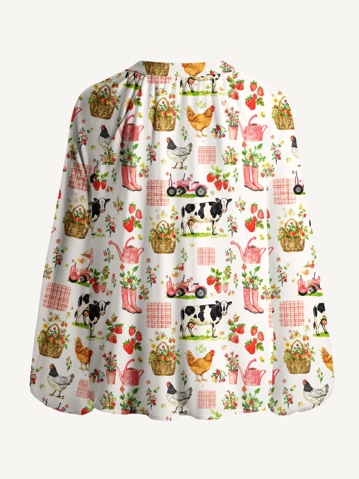 Watercolor Pink Farm Chicken Cow Print Boho Long Sleeve Tie‑Neck Blouse