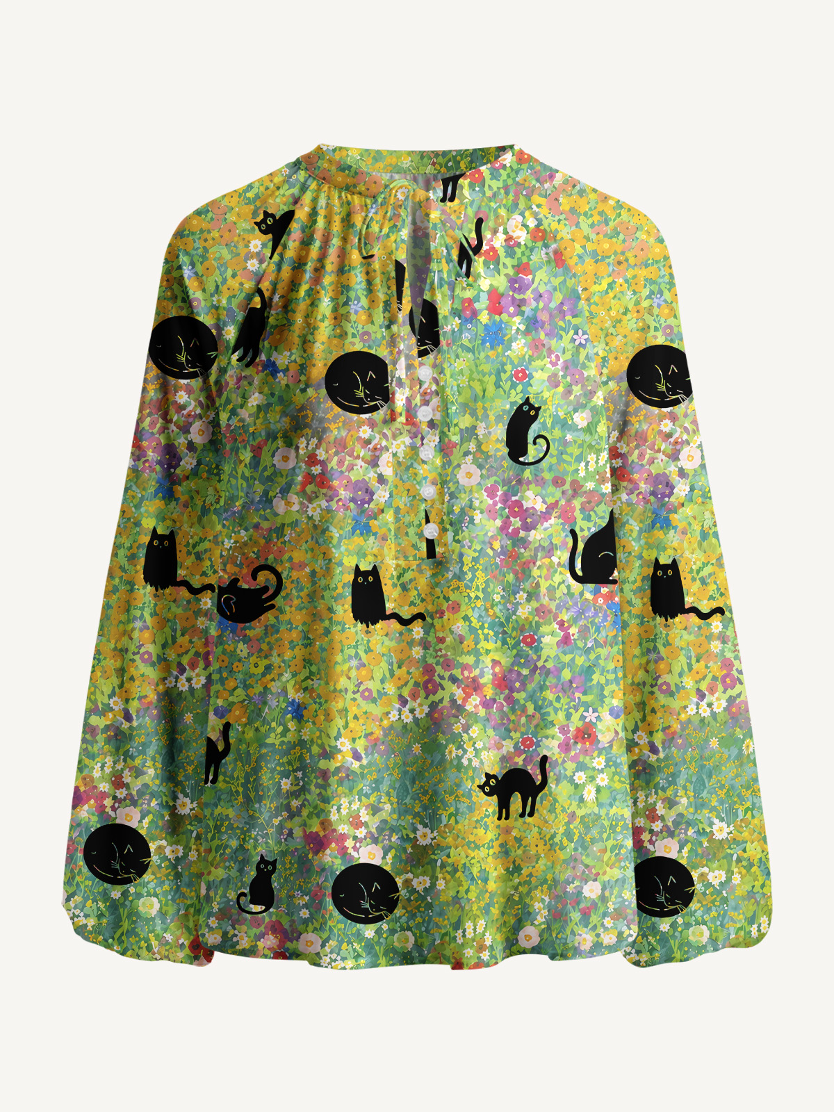 Wildflower Garden Black Cat Print Boho Long Sleeve Tie‑Neck Blouse