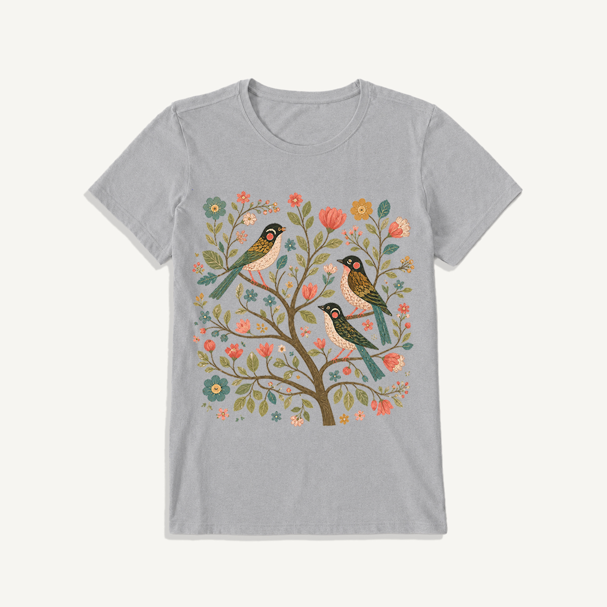 Blossom Bird Serenity Print Crew Neck Cotton Tee