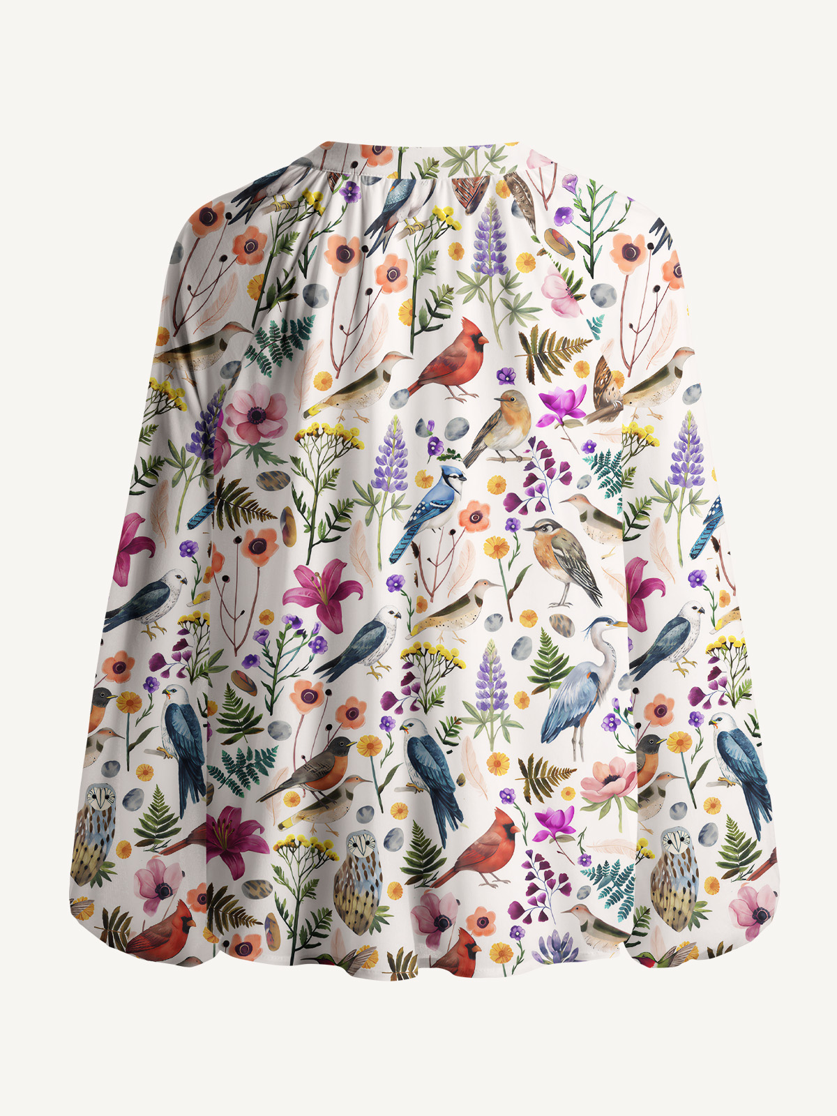 Whimsical Woodland Birds Wildflowers Print Boho Long Sleeve Tie‑Neck Blouse