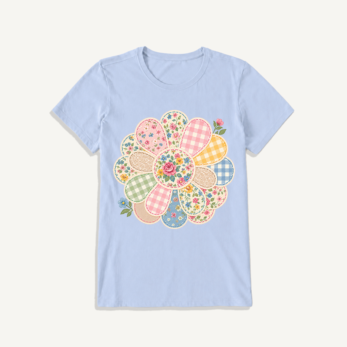 Cottage Patchwork Bloom Print Crew Neck Cotton Tee