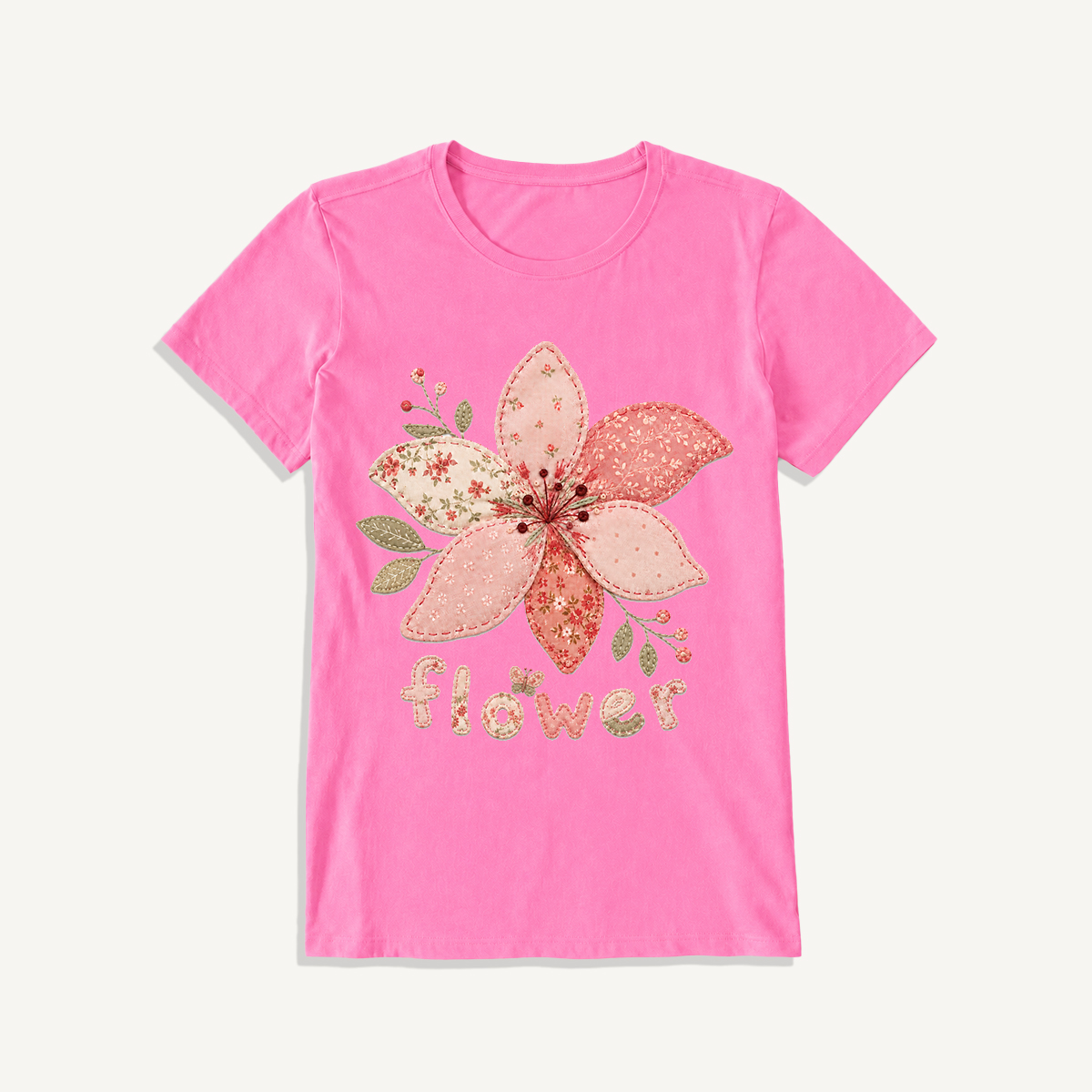 Blush Patchwork Flower Print Crew Neck Cotton Tee