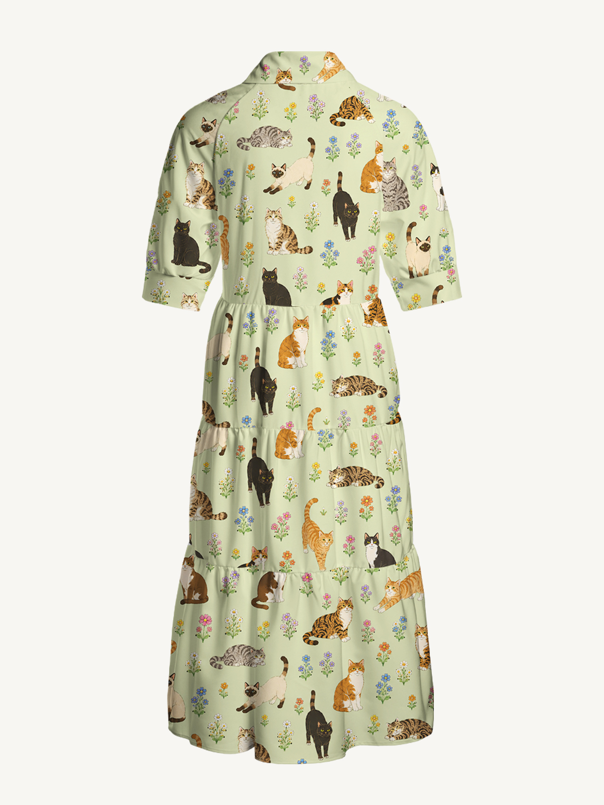 V Neck Collared Spring Meadow Garden Kitty Print Casual Midi Dress With Pockets