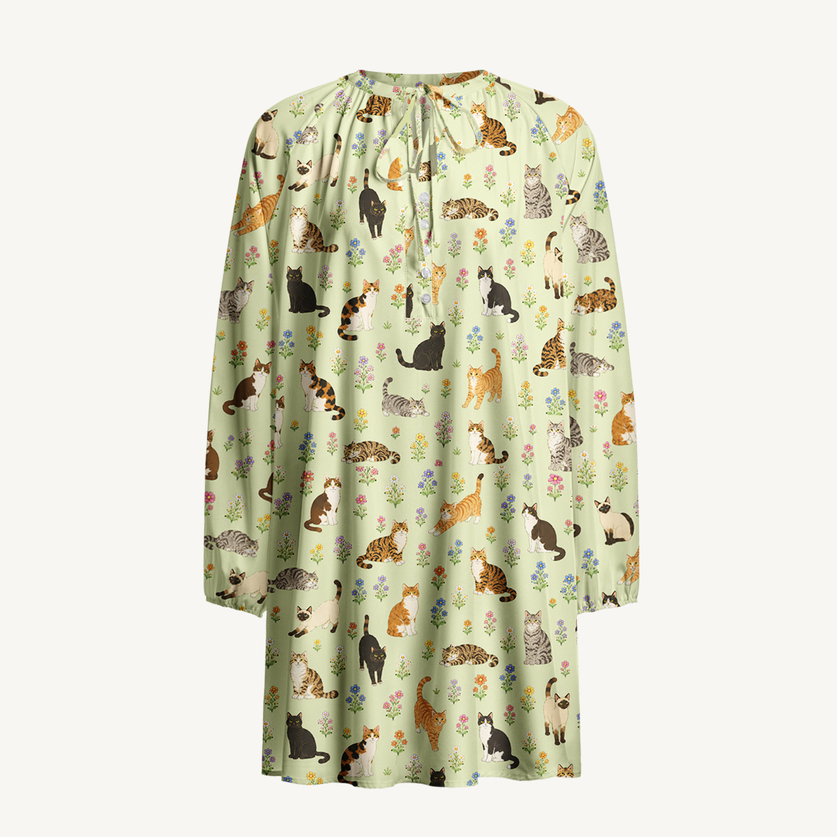 Spring Meadow Garden Kitty Print Boho Long Sleeve Tie‑Neck Smock Mini Dress