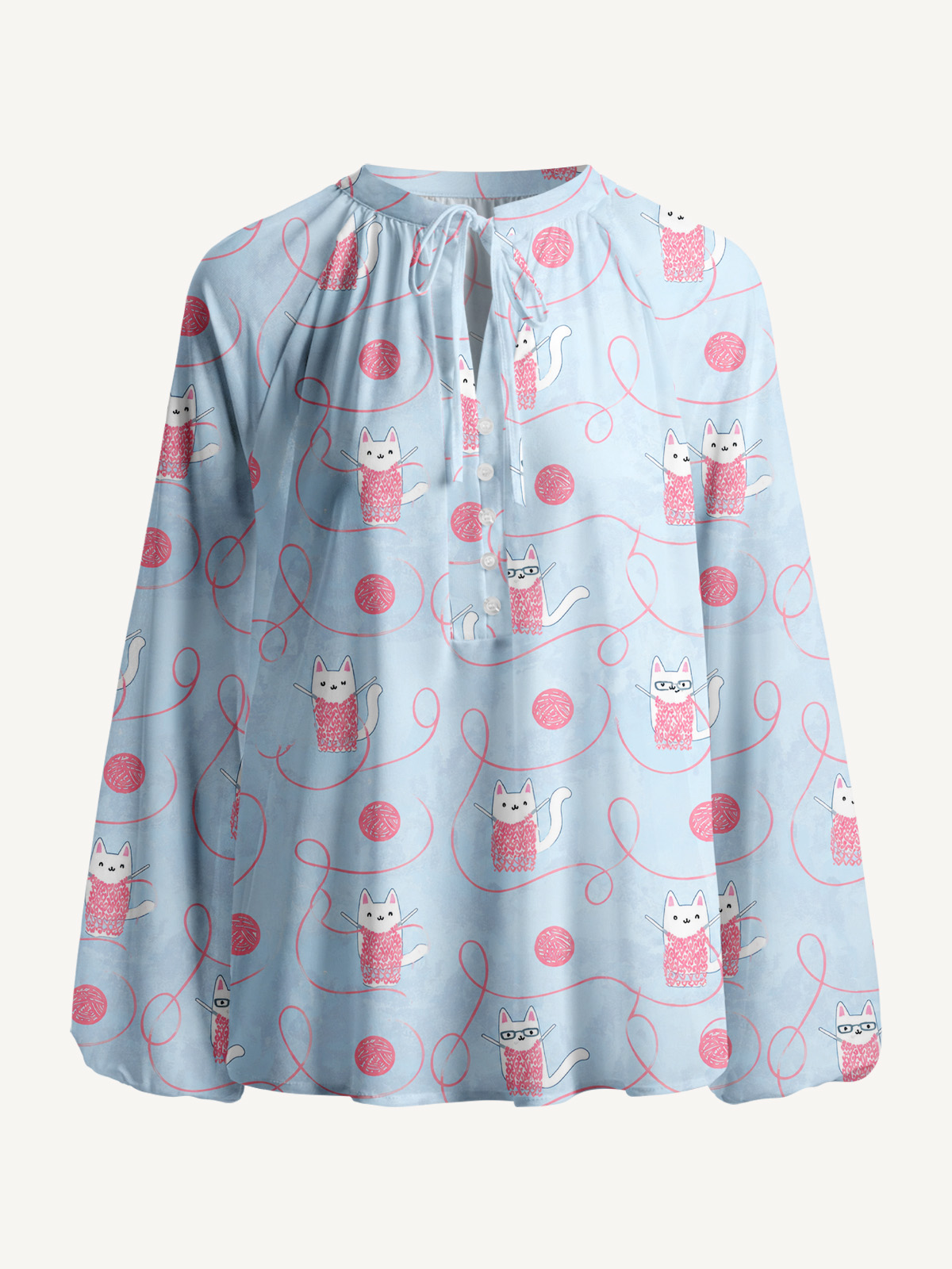 Cozy Yarn Basket Cat Print Boho Long Sleeve Tie‑Neck Blouse