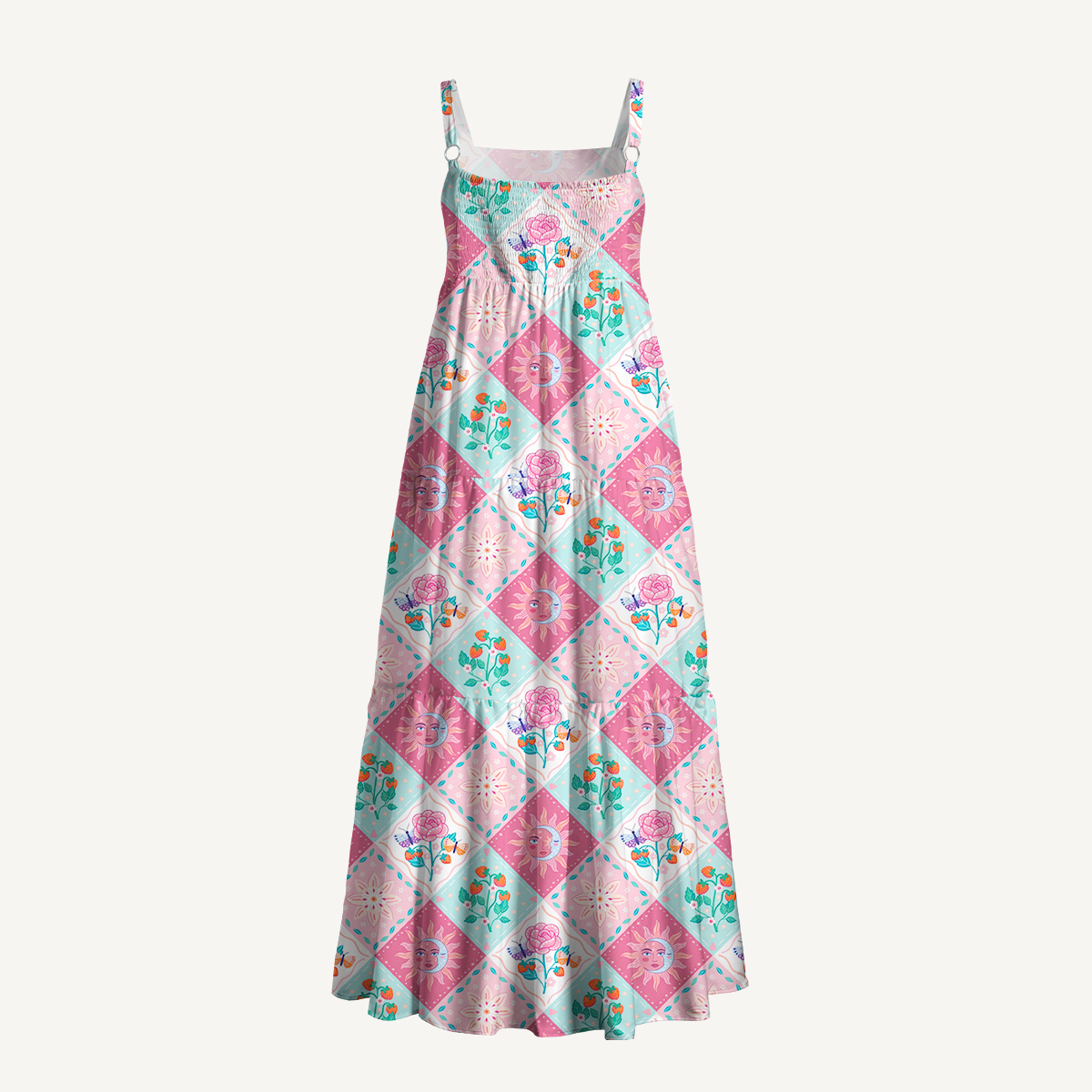 Vibrant Garden Patchwork Wide Straps Maxi Dress With Pockets