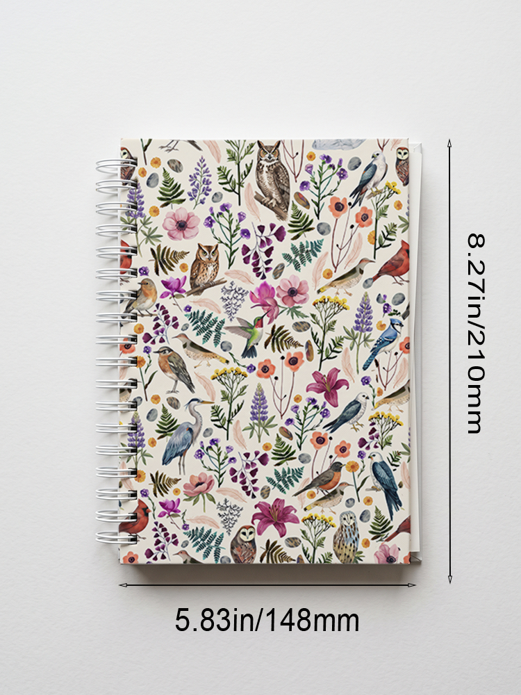 Whimsical Woodland Birds Wildflowers Print A5 Spiral Notebook 