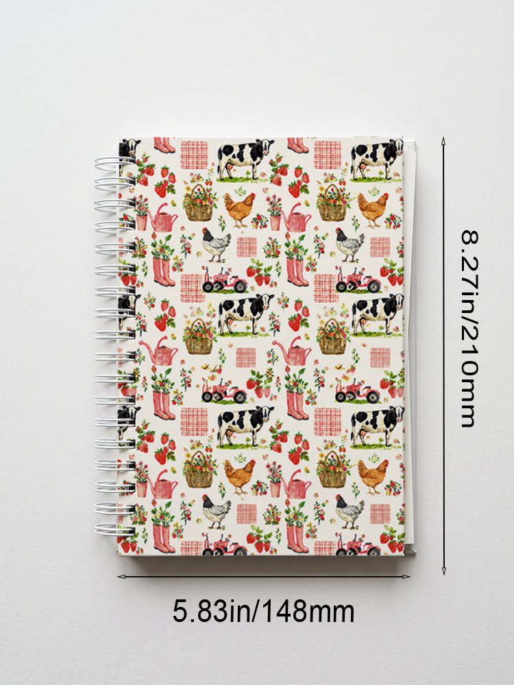 Watercolor Pink Farm Chicken Cow Print A5 Spiral Notebook 