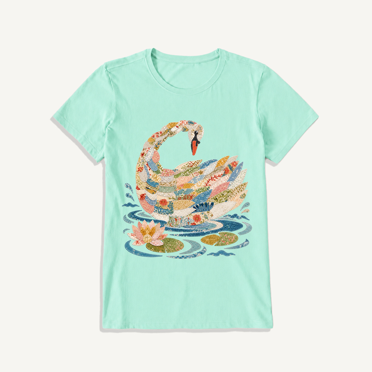 Patchwork Swan Garden Print Crew Neck Cotton Tee