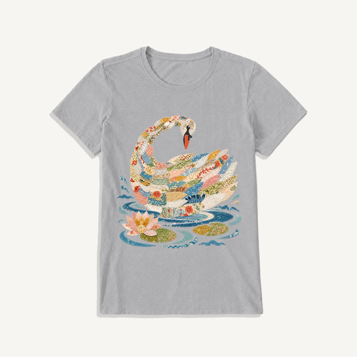 Patchwork Swan Garden Print Crew Neck Cotton Tee