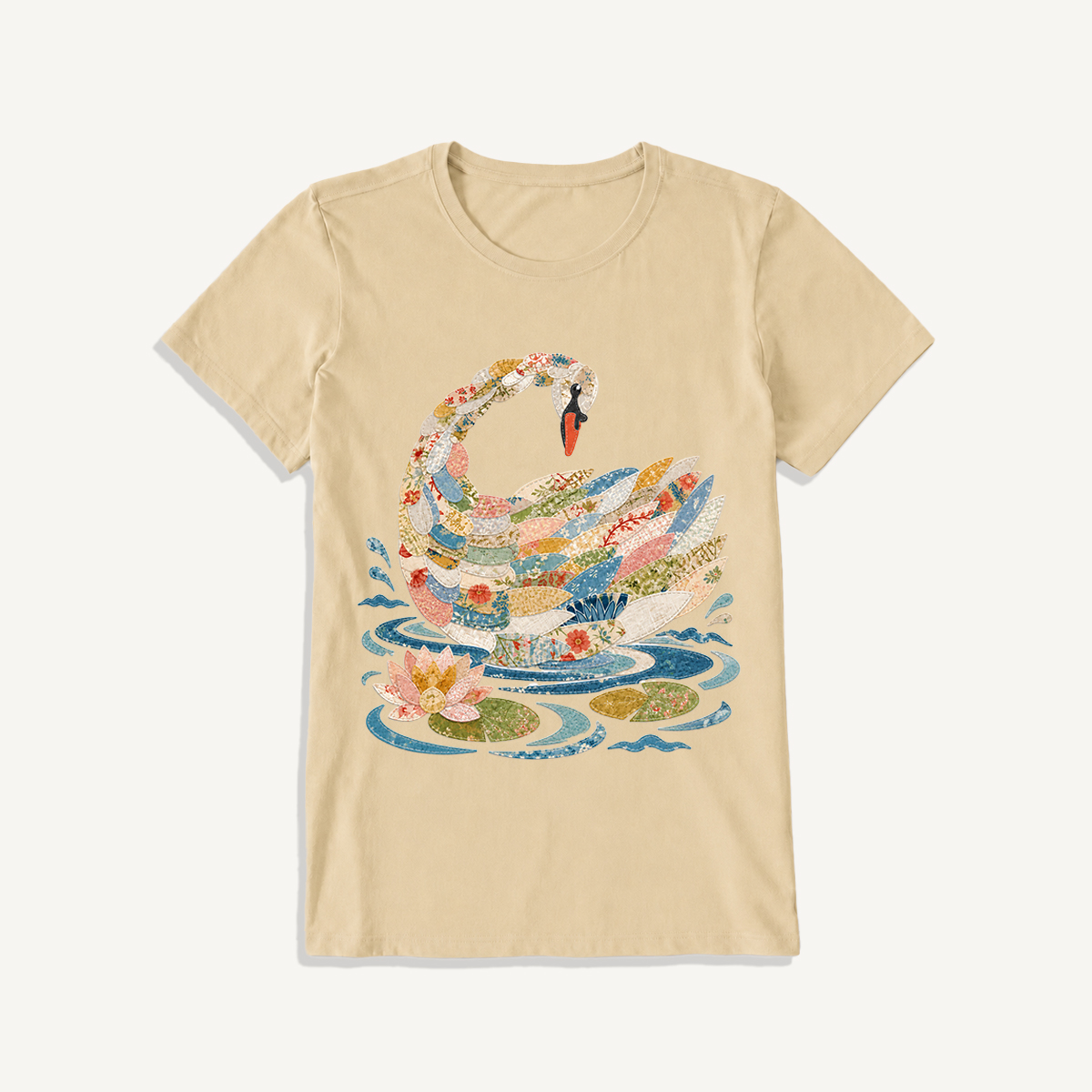 Patchwork Swan Garden Print Crew Neck Cotton Tee