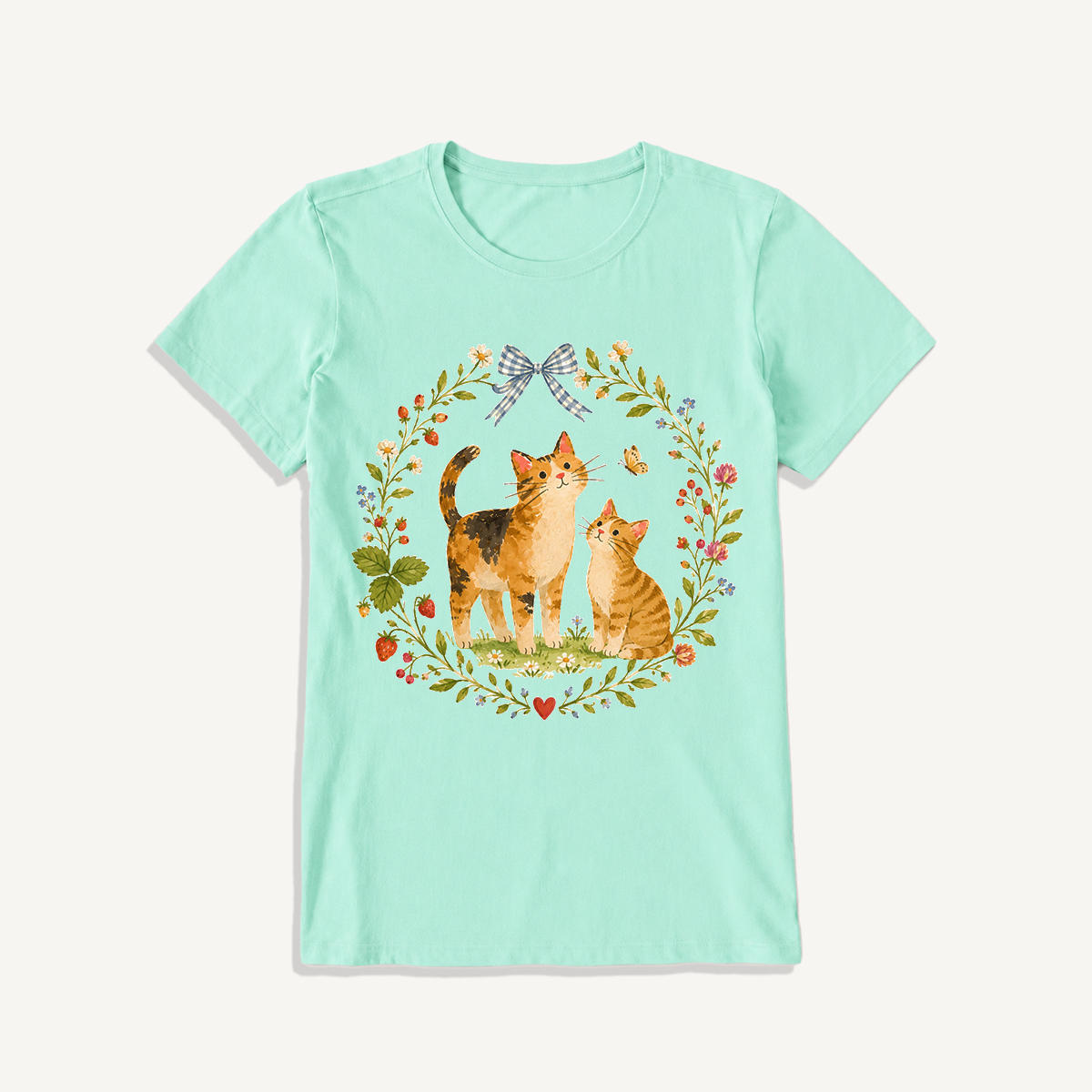 Strawberry Garden Cats Print Crew Neck Cotton Tee