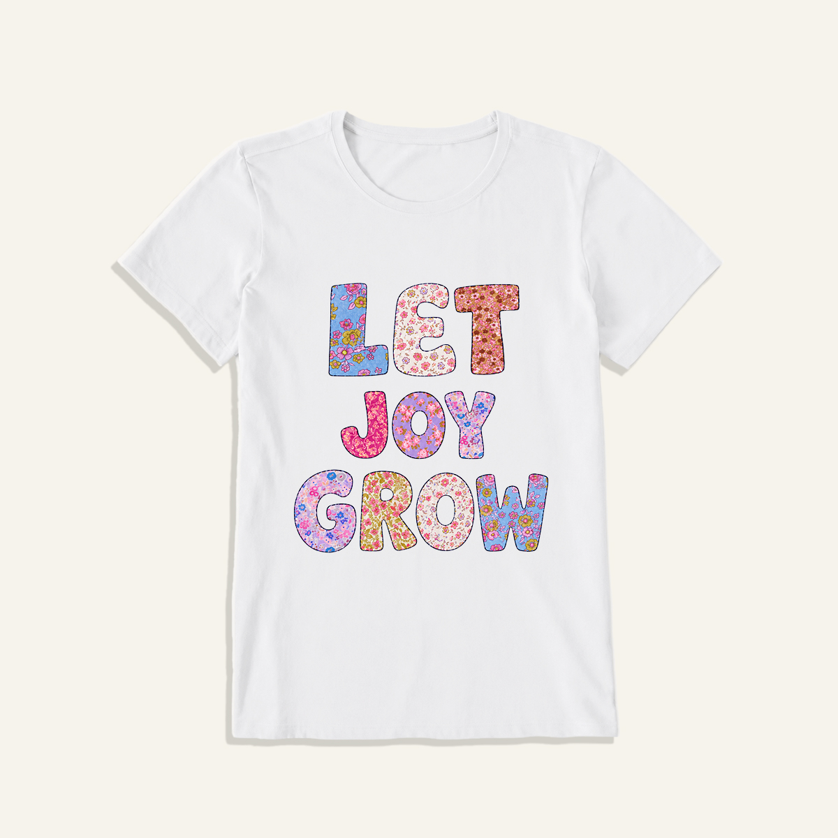 Let Joy Grow Floral Letters Print Crew Neck Cotton Tee