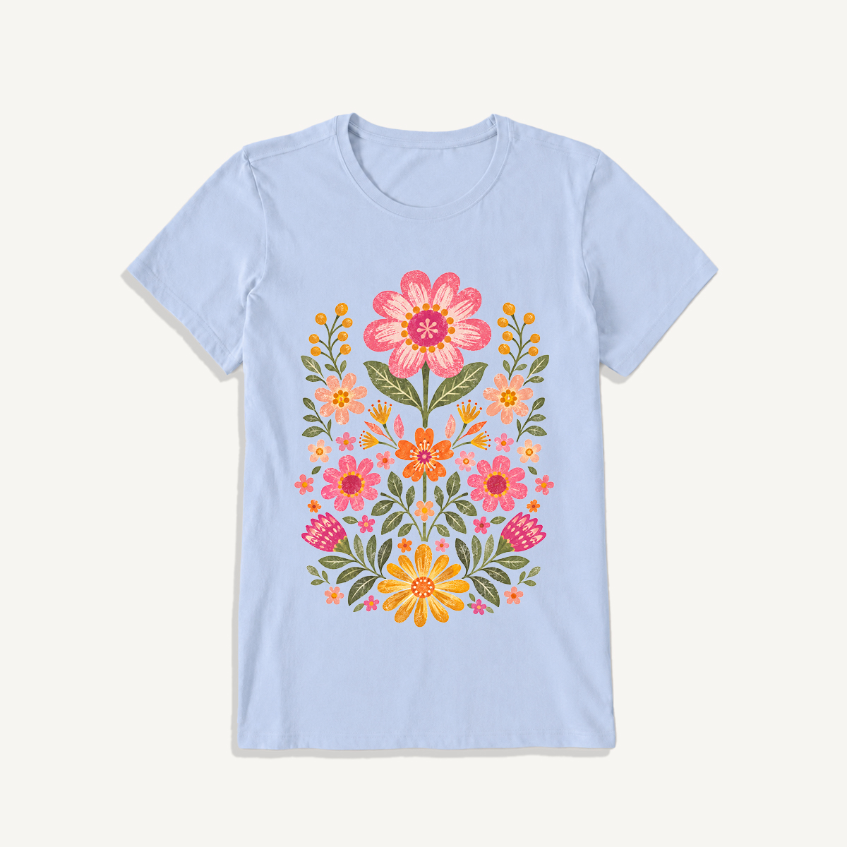 Retro Folk Garden Bloom Print Crew Neck Cotton Tee