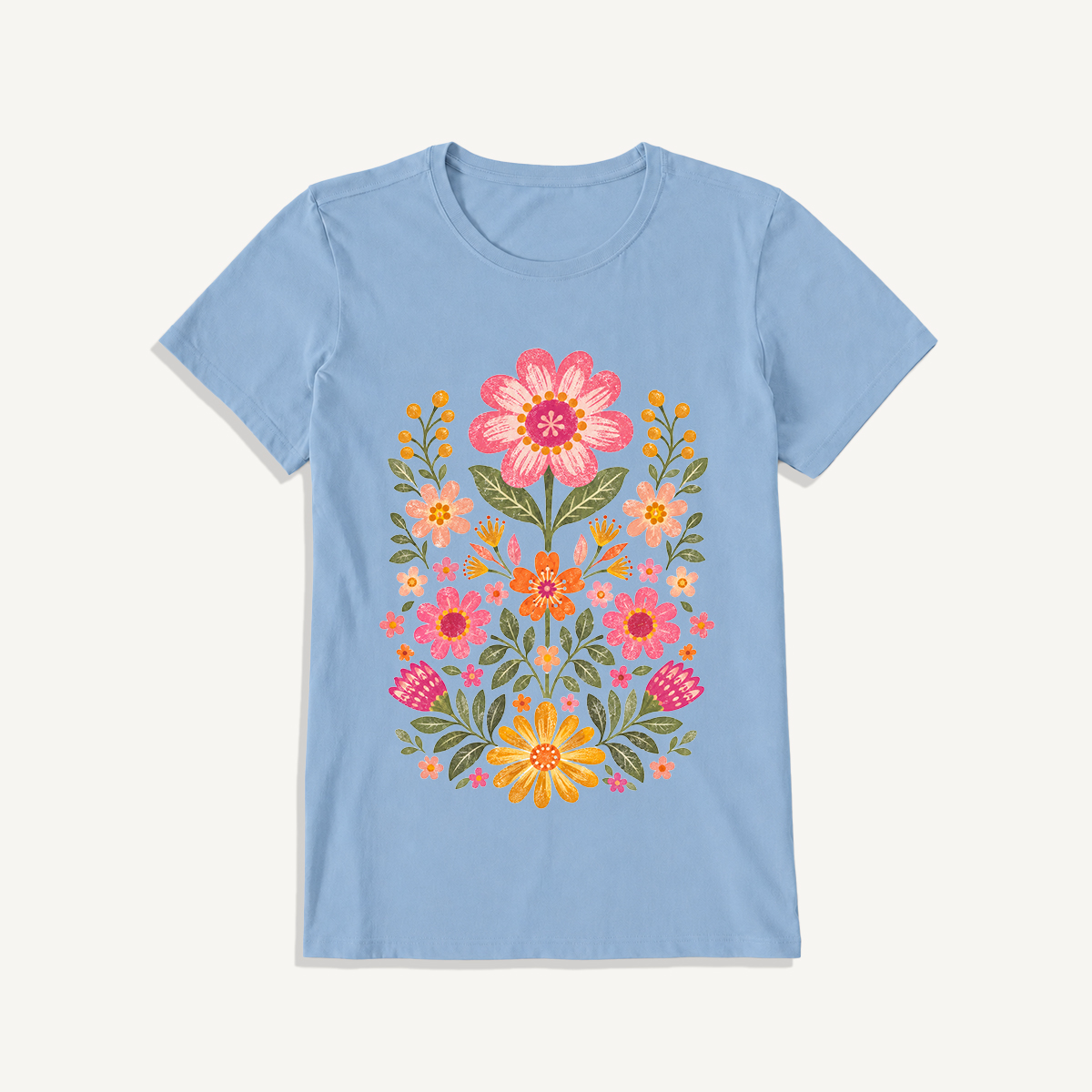Retro Folk Garden Bloom Print Crew Neck Cotton Tee