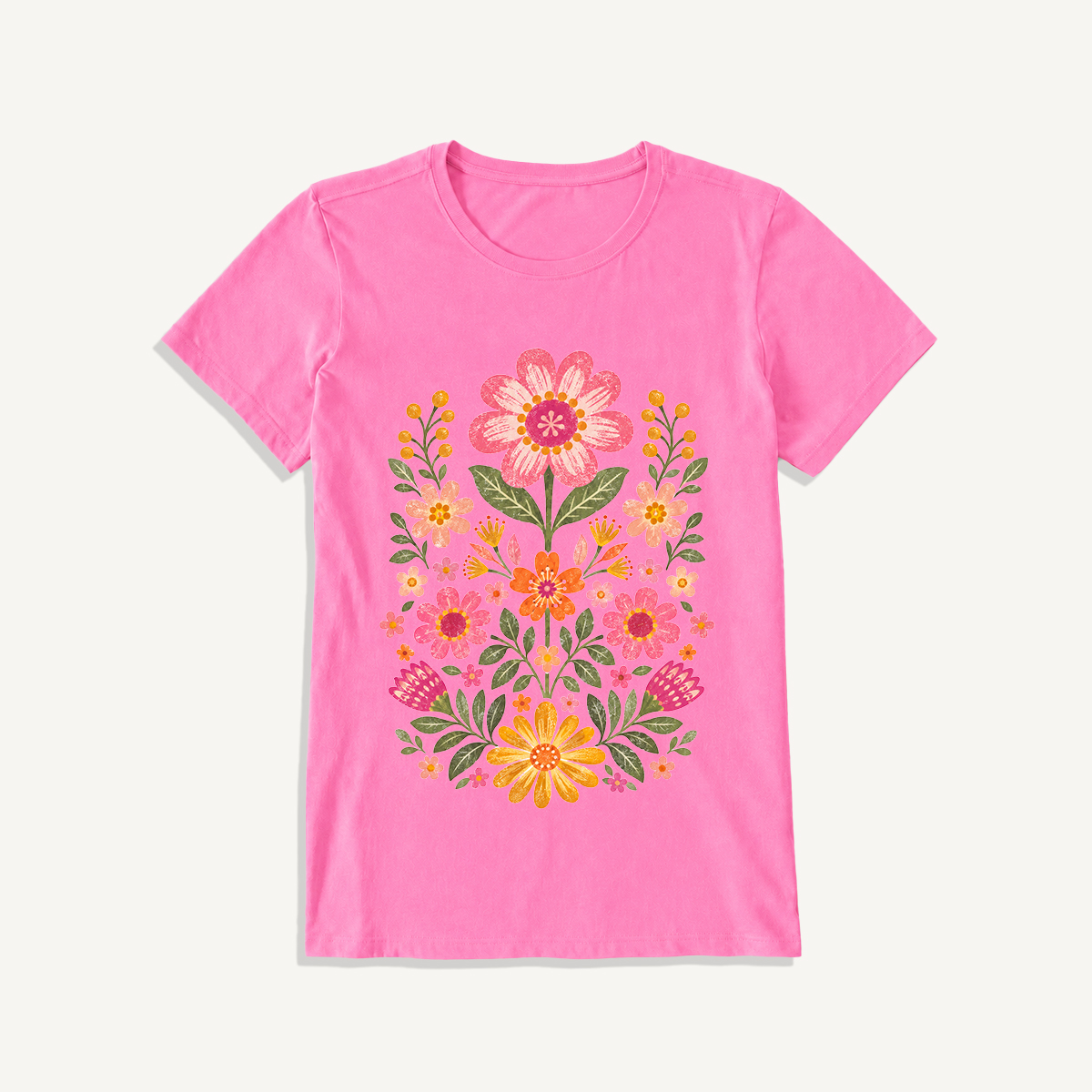 Retro Folk Garden Bloom Print Crew Neck Cotton Tee