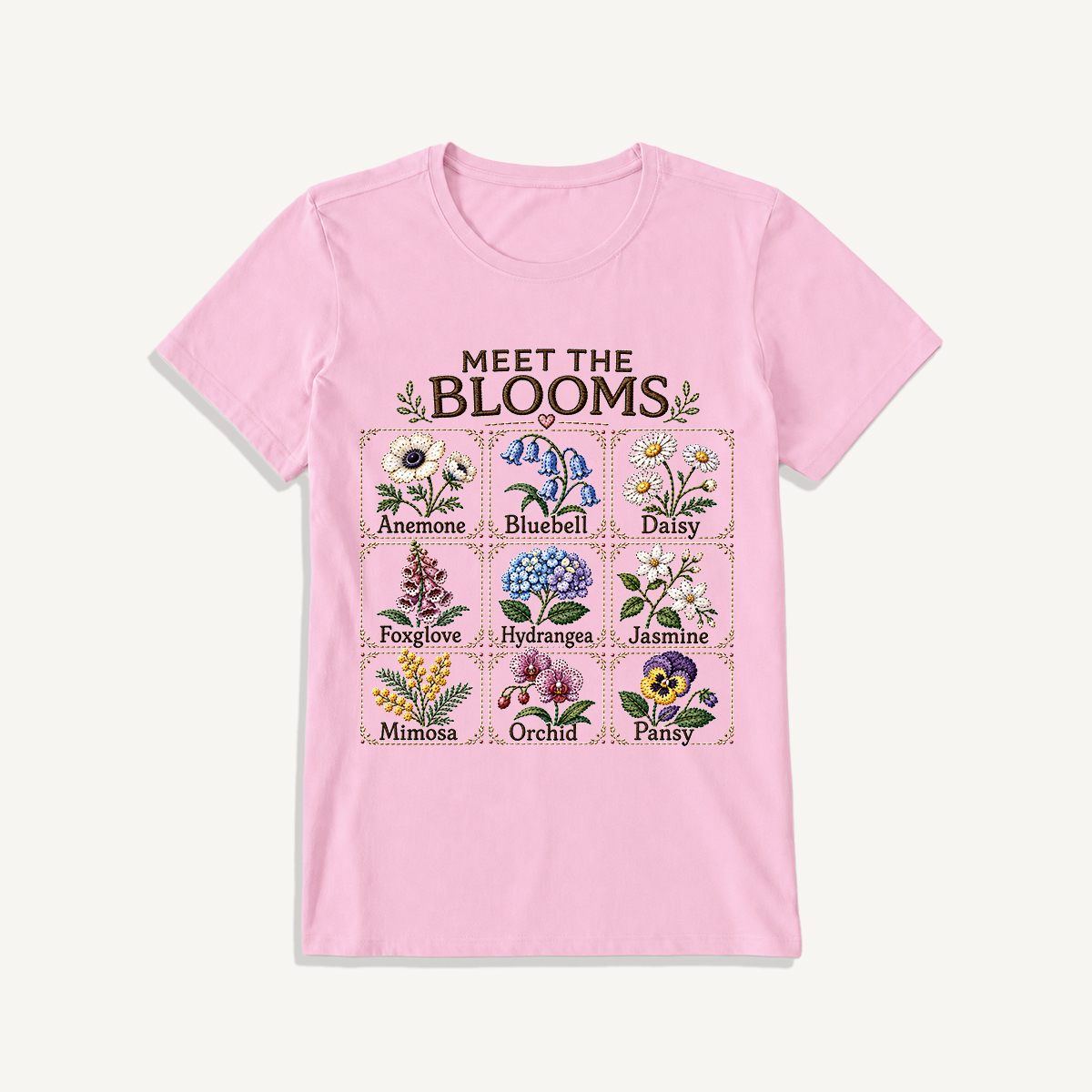 Meet the Blooms Embroidery Chart Print Crew Neck Cotton Tee