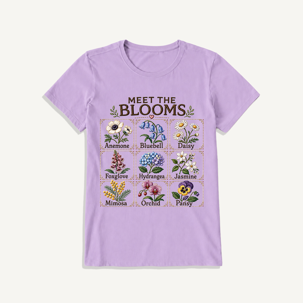 Meet the Blooms Embroidery Chart Print Crew Neck Cotton Tee
