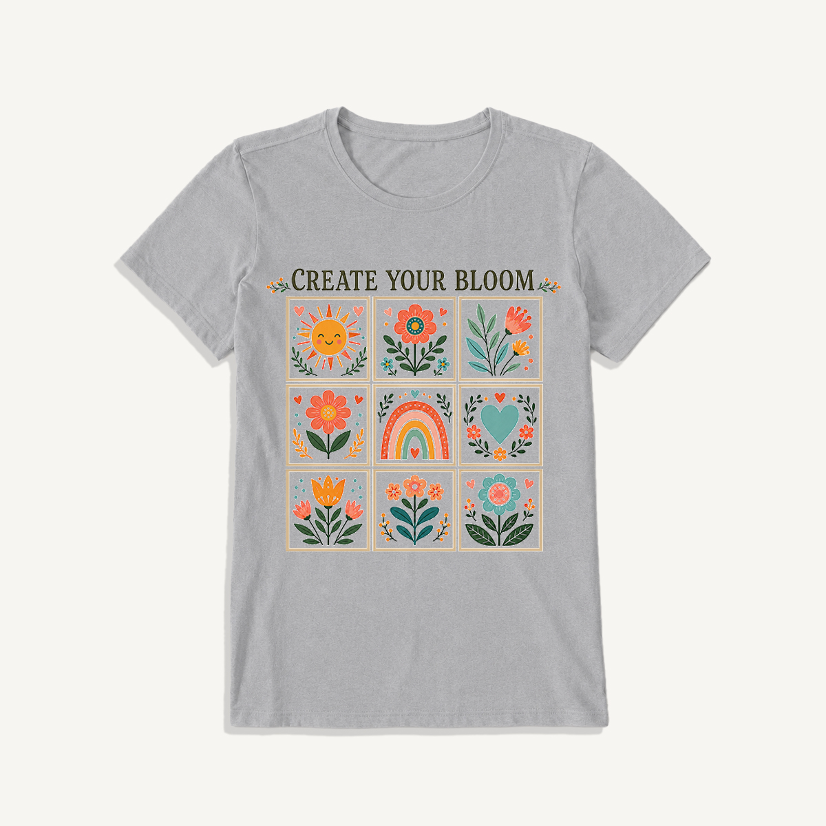Folk Art Bloom Grid Print Crew Neck Cotton Tee