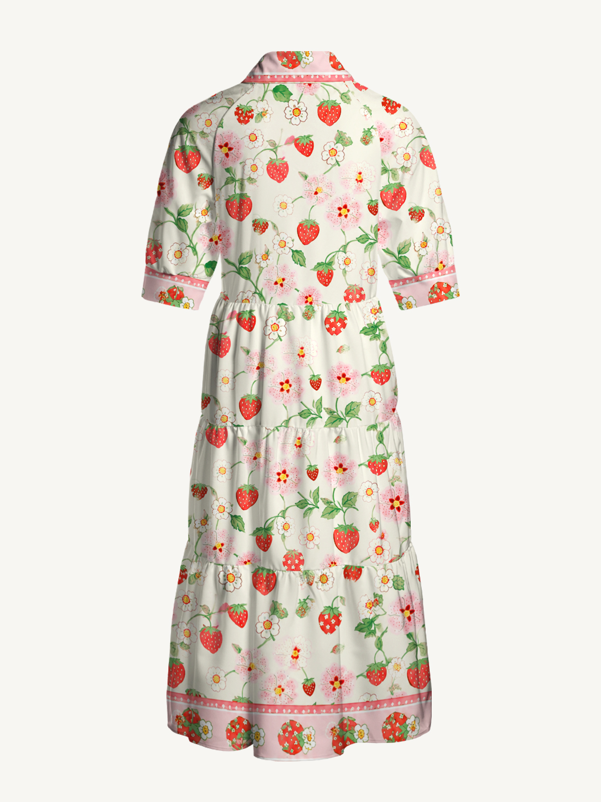 V Neck Collared Strawberry Meadow Print Casual Midi Dress With Pockets
