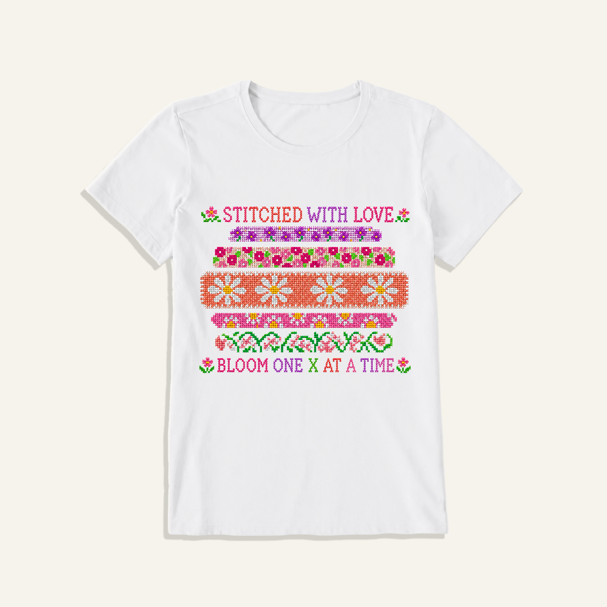 Floral Cross-Stitch Sampler Print Crew Neck Cotton Tee