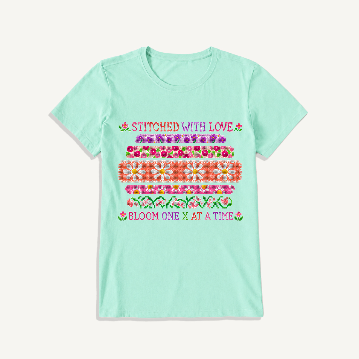 Floral Cross-Stitch Sampler Print Crew Neck Cotton Tee