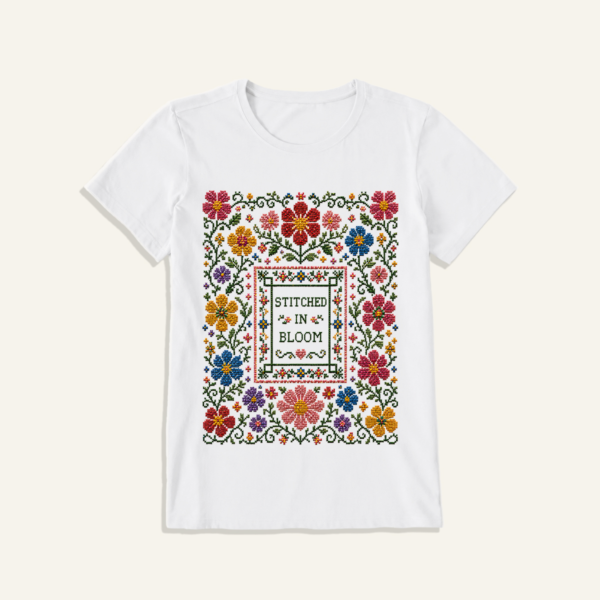 Blooming Folk Floral Cross-Stitch Print Crew Neck Cotton Tee