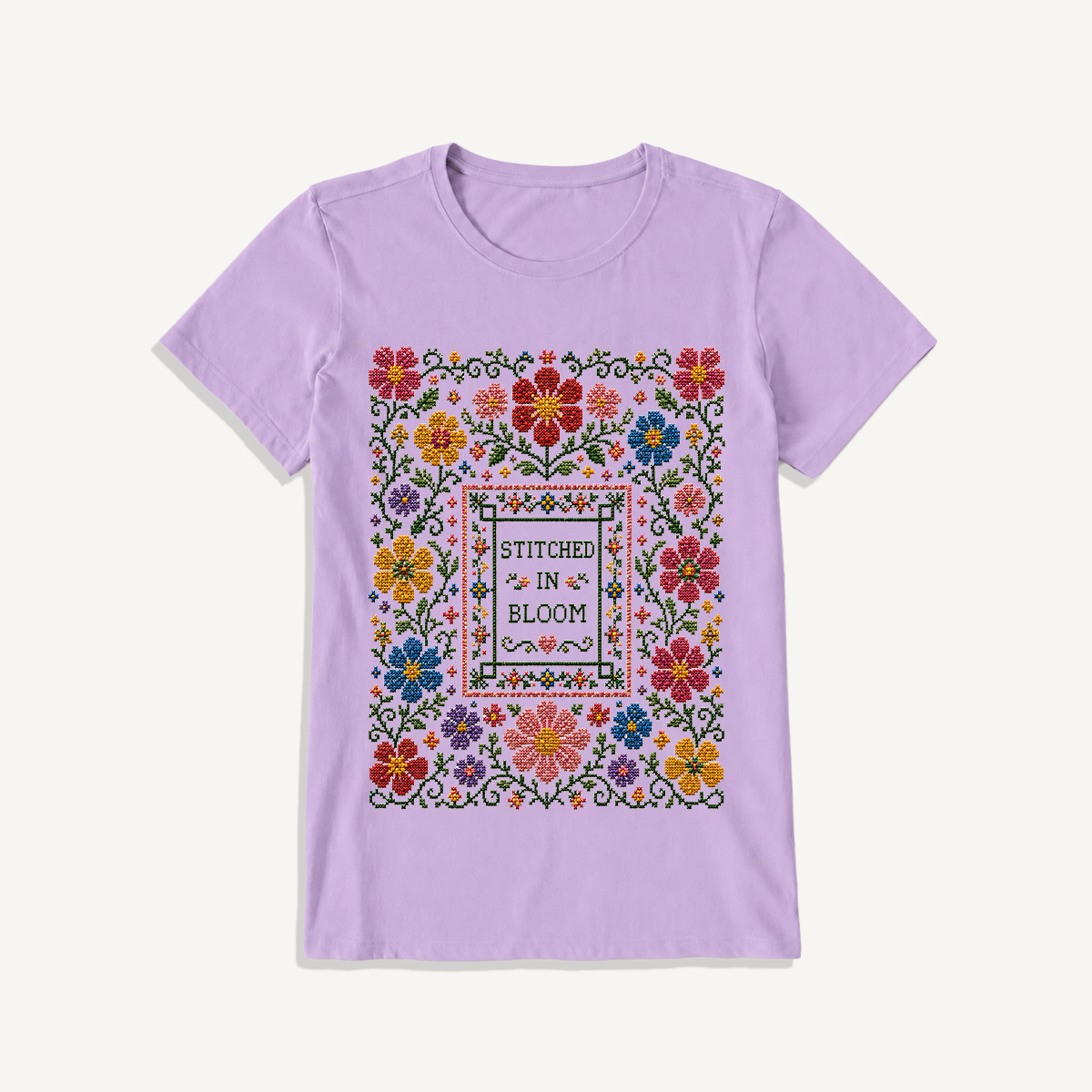 Blooming Folk Floral Cross-Stitch Print Crew Neck Cotton Tee