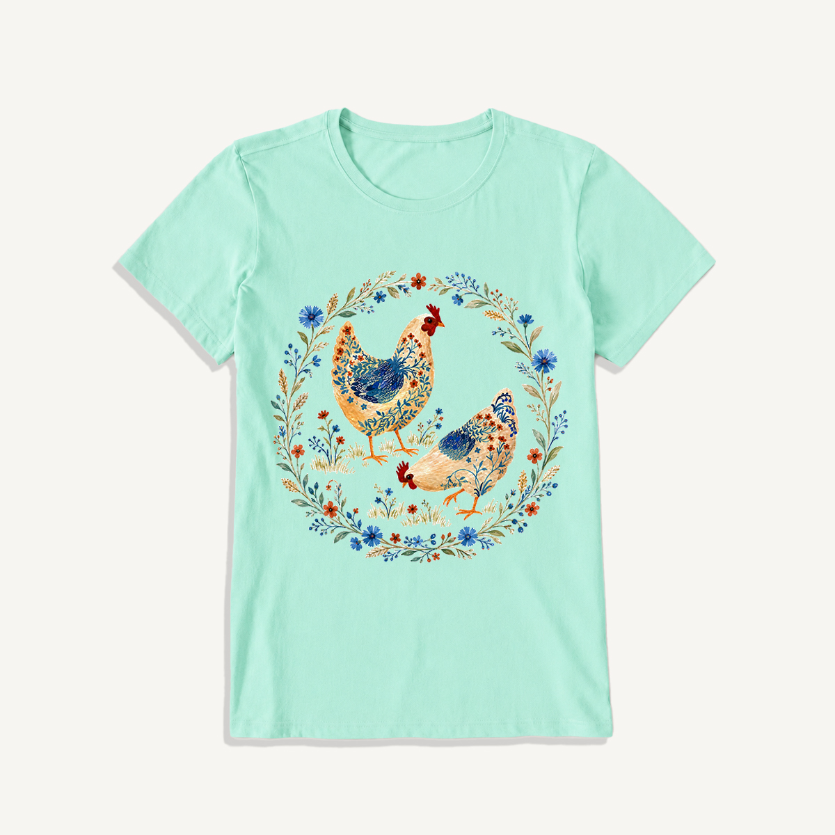 Blue Floral Hens Garden Print Crew Neck Cotton Tee