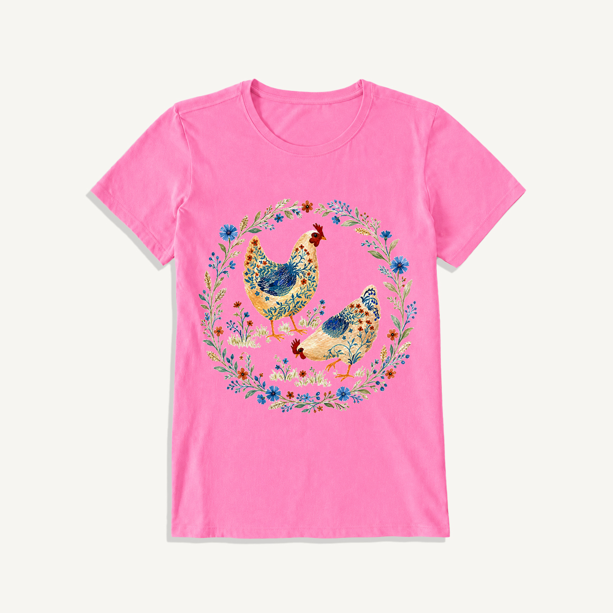 Blue Floral Hens Garden Print Crew Neck Cotton Tee