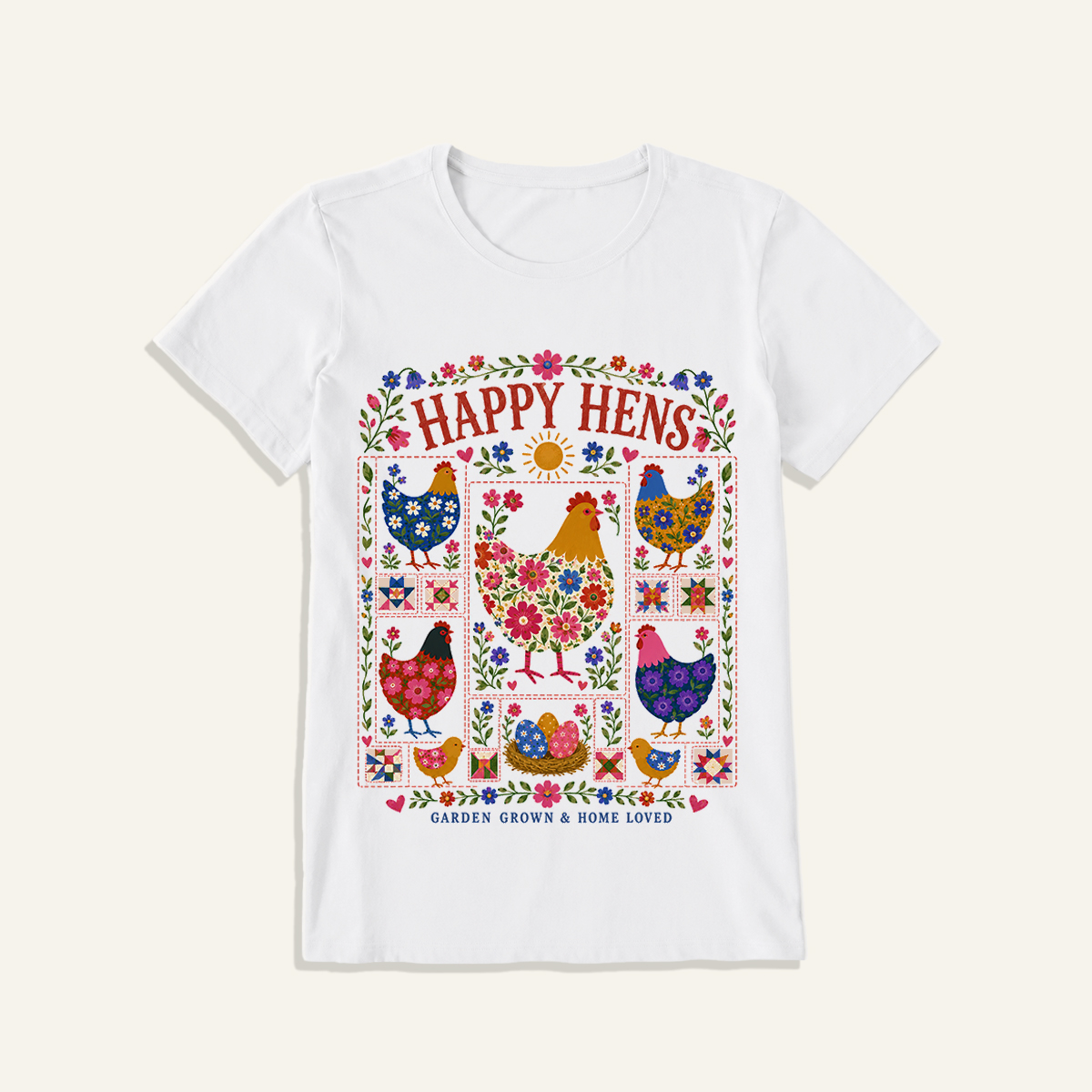 Happy Hens Floral Patchwork Print Crew Neck Cotton Tee