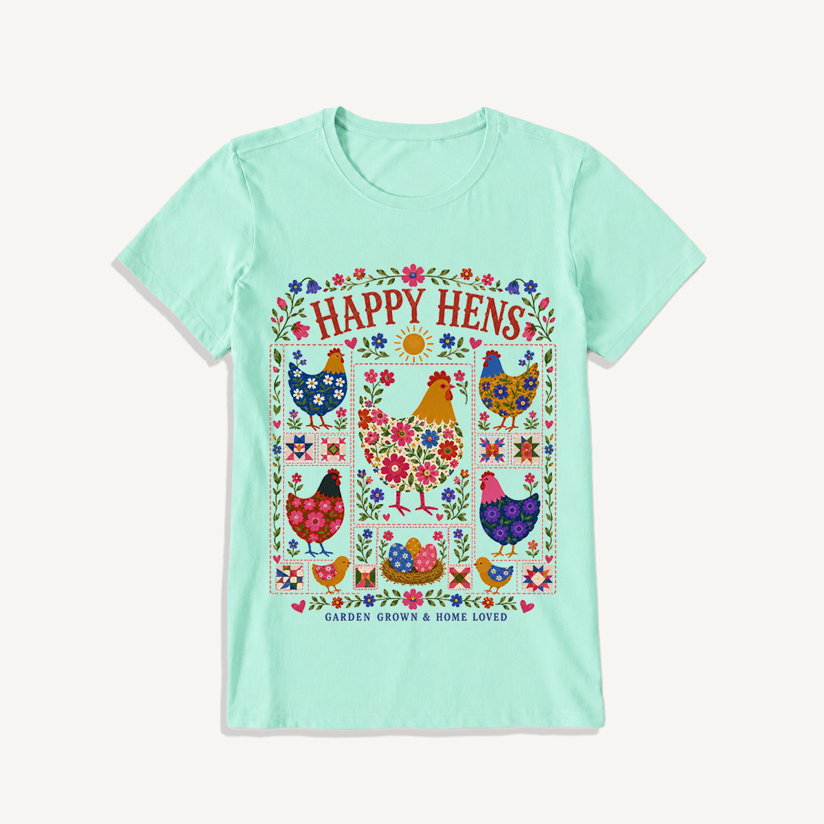 Happy Hens Floral Patchwork Print Crew Neck Cotton Tee