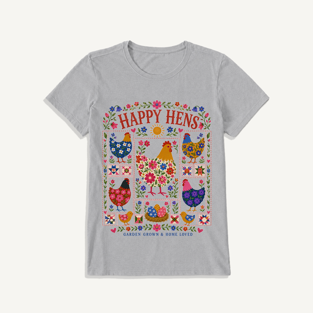 Happy Hens Floral Patchwork Print Crew Neck Cotton Tee