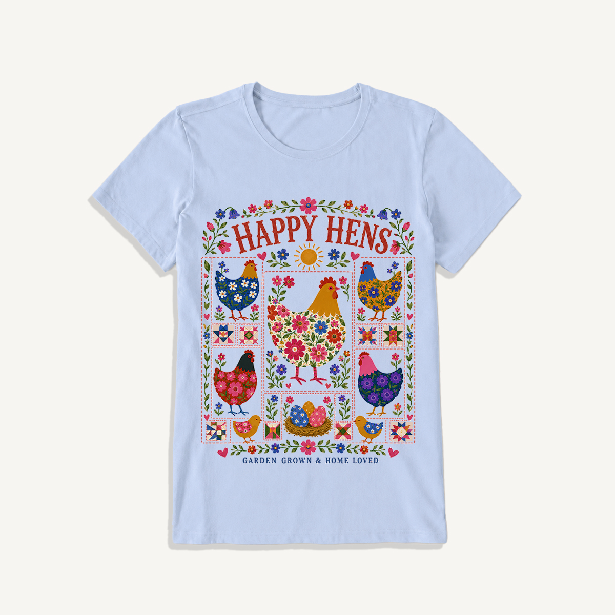 Happy Hens Floral Patchwork Print Crew Neck Cotton Tee