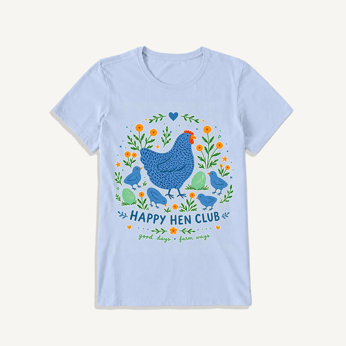 Blue Hen and Chicks Garden Print Crew Neck Cotton Tee