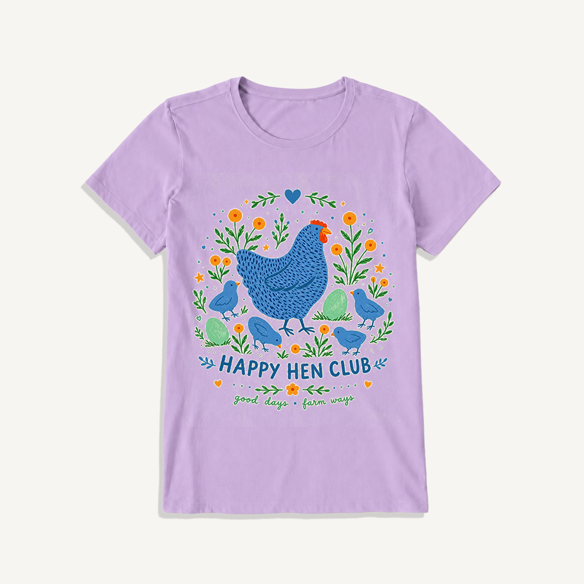 Blue Hen and Chicks Garden Print Crew Neck Cotton Tee