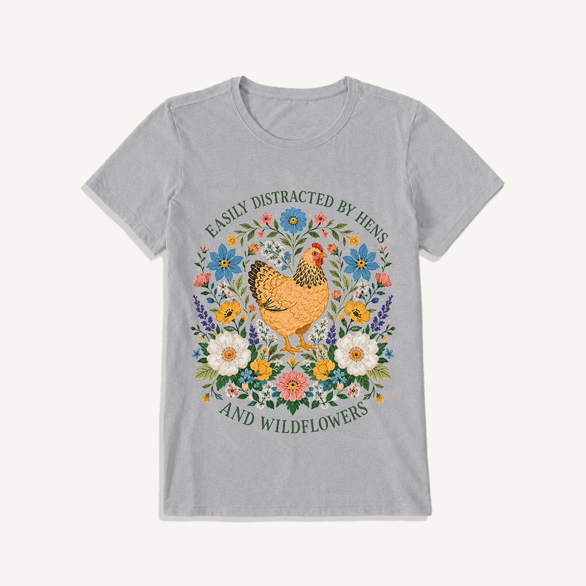 Hen and Wildflowers Cottage Print Crew Neck Cotton Tee