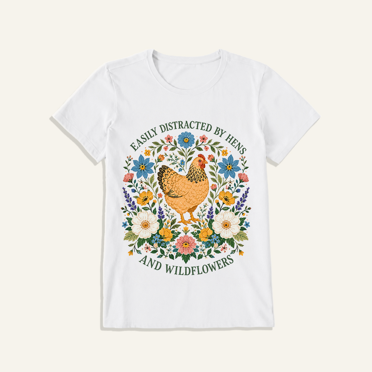 Hen and Wildflowers Cottage Print Crew Neck Cotton Tee